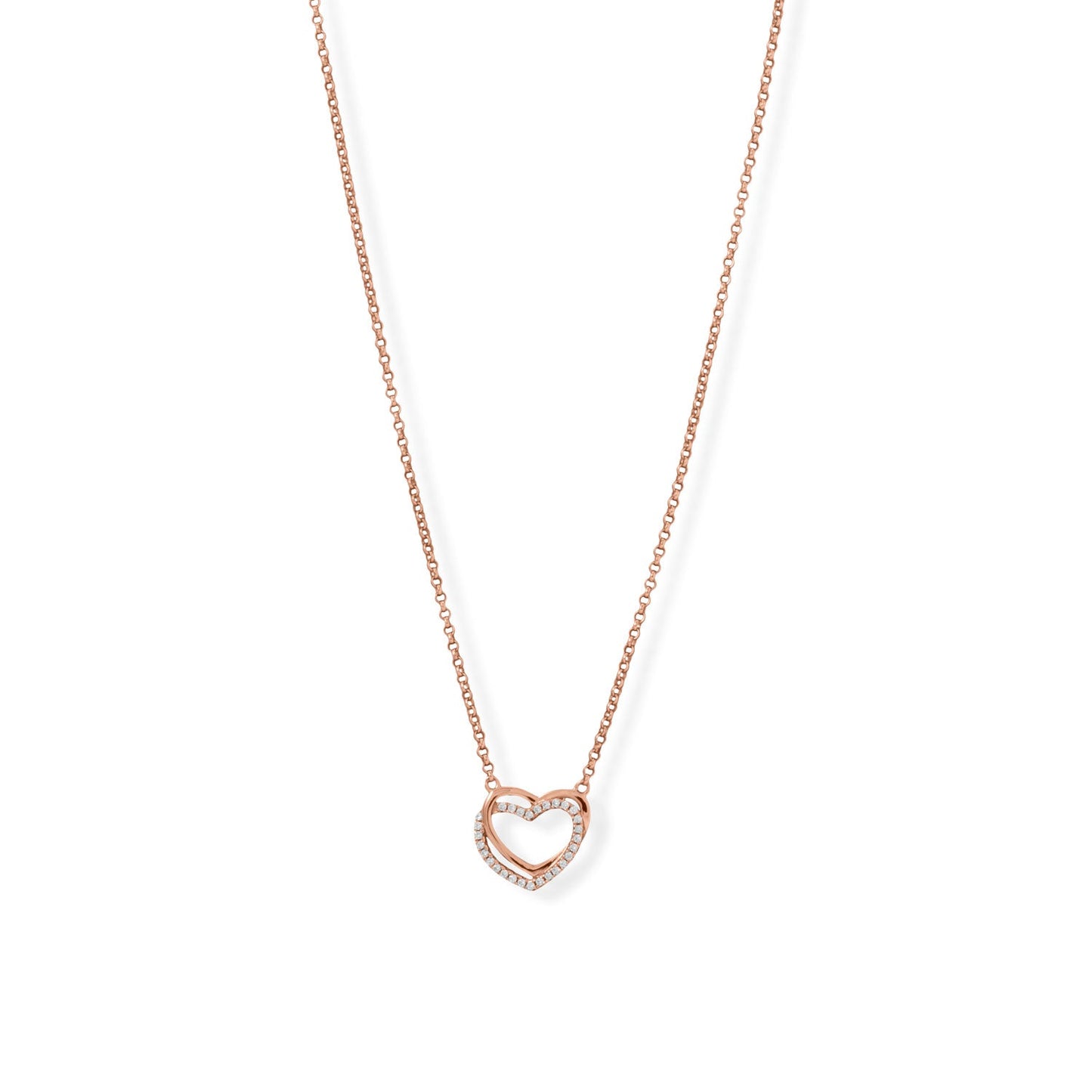 15" + 2" Cubic Zirconia Double Heart and Rose Gold Necklace - Sparks and Gem 