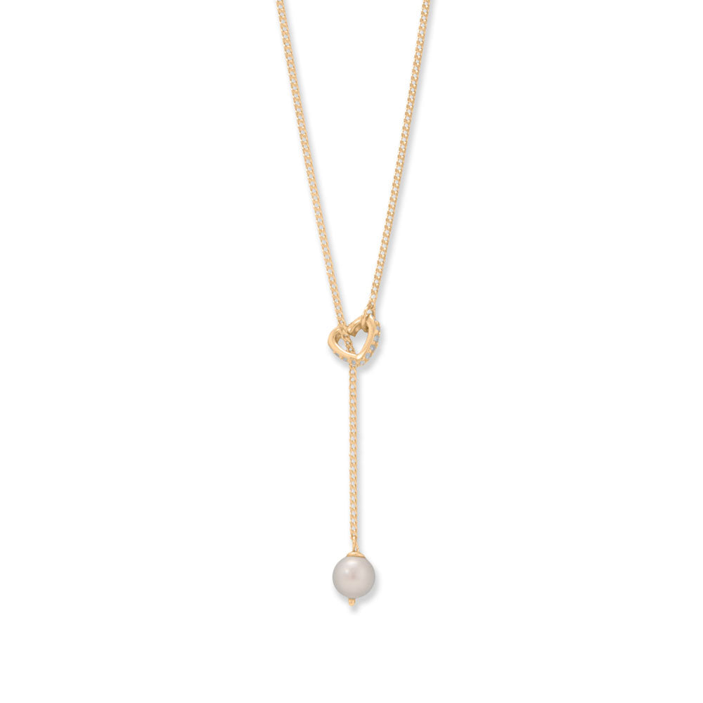 16" + 2" Cultured Freshwater Pearl and CZ Heart Lariat Necklace