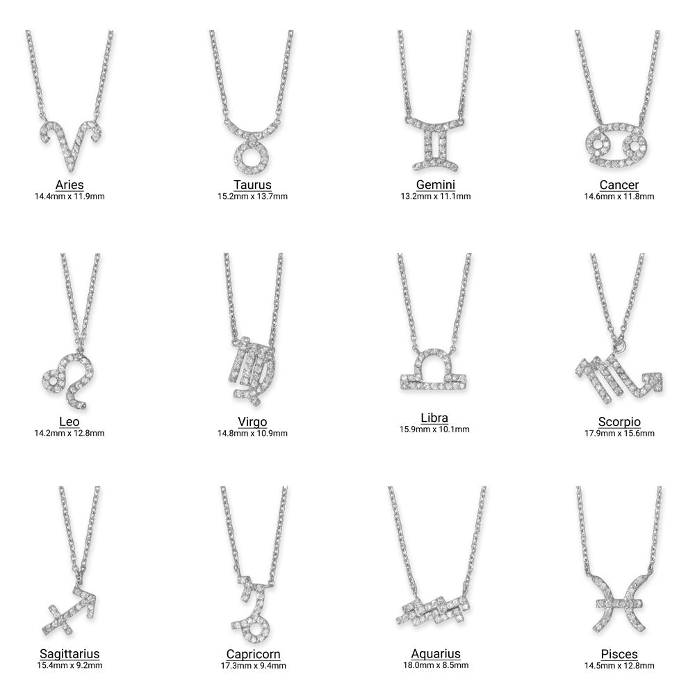 16" Rhodium Plated CZ Zodiac Symbol Necklace (All Signs)