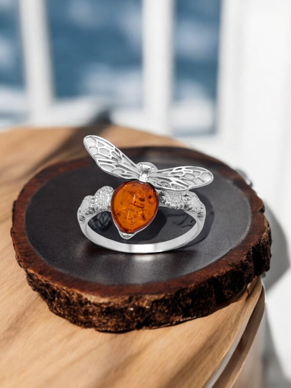 Baltic Amber Honey Bee and Flower Sterling Silver Ring - Sparks and Gem