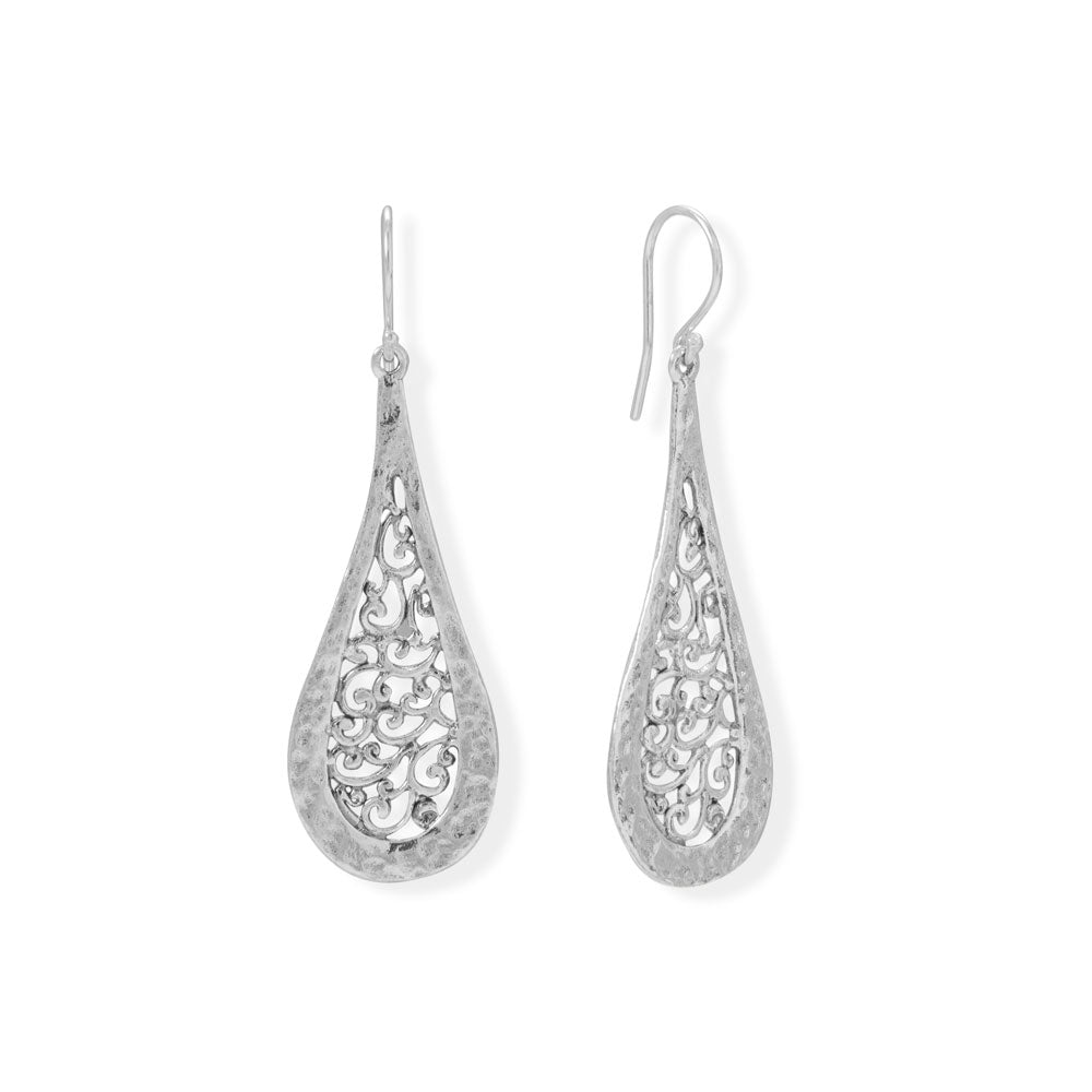 Hammered Filigree Pear Drop French Wire Earrings-Sparks and Gem