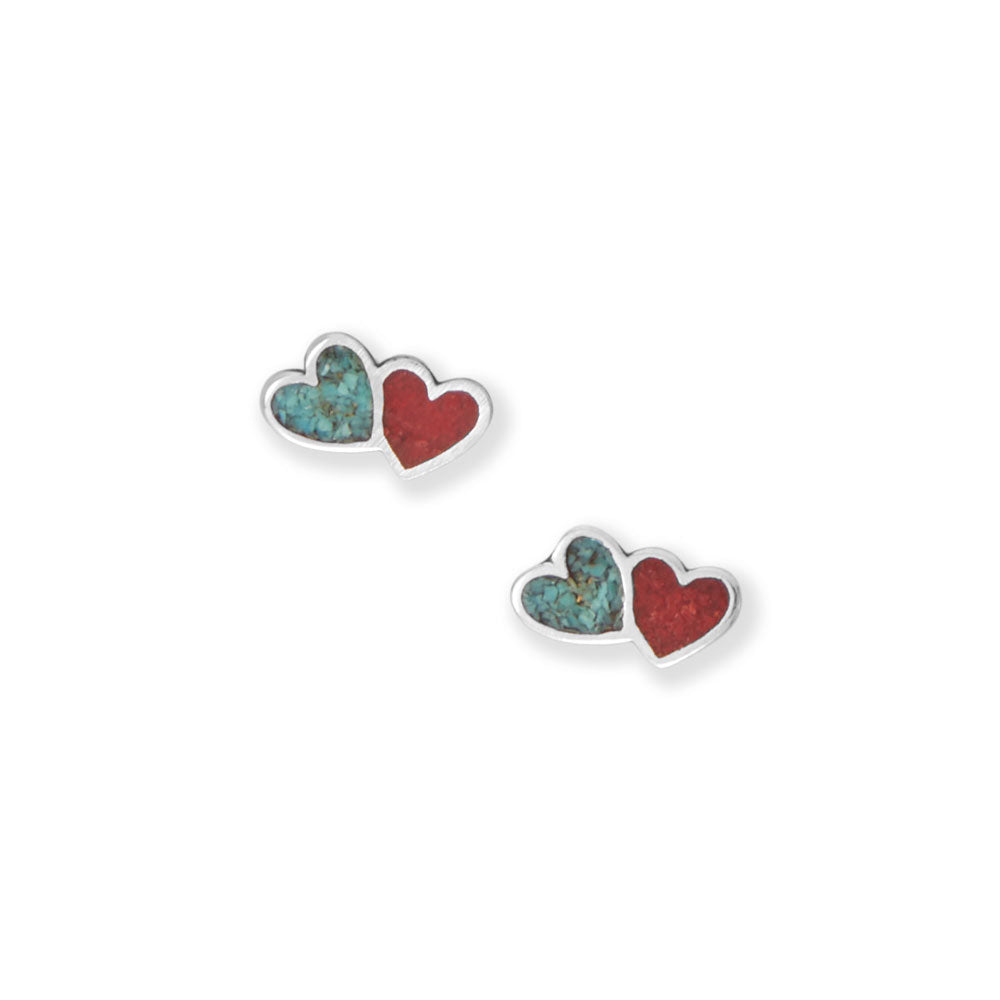 Coral and Turquoise Chip Double Heart 925 Sterling Silver Earrings - Sparks and Gem