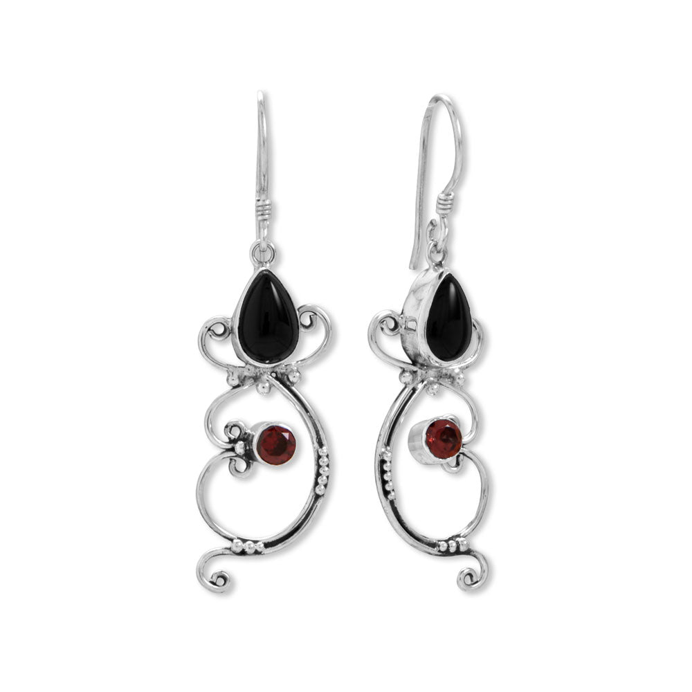 Black Onyx and Garnet Bali Earrings