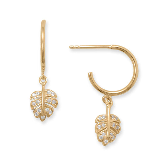 Gold Cubic Zirconia Decorated Leaf Charm Earrings