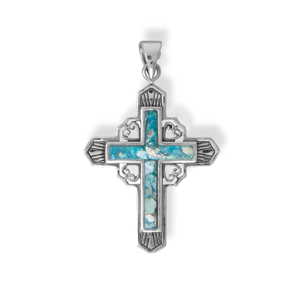 Oxidized Deco Roman Glass Cross Pendant-Sparks and Gem