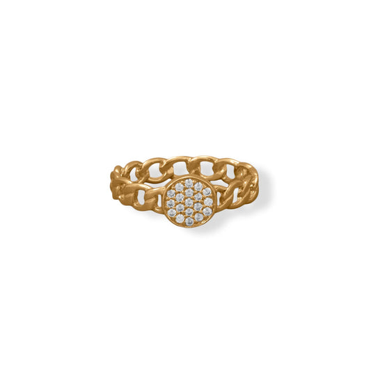 Link Yellow Gold Band with Pave Cubic Zirconia Round Disk - Sparks and Gem