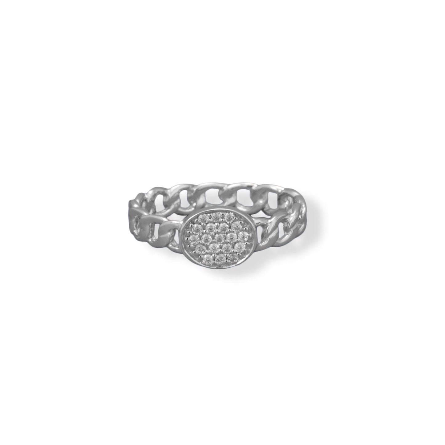 Link Sterling Silver Band with Pave Cubic Zirconia Oval Disk-Sparks and Gem