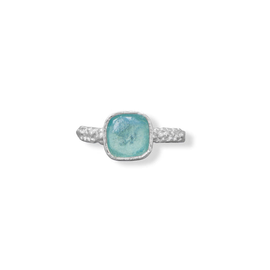 Square Aqua Roman Glass with Pebble Sterling Silver Ring Band - Sparks and Gem