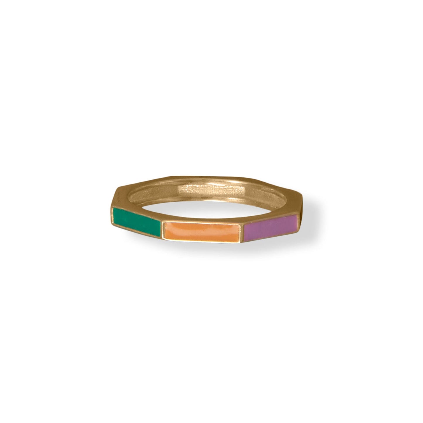 Rainbow Enamel Flat Edge Stackable 14 Karat Yellow Gold over 925 Sterling Silver Ring - Sparks and Gem