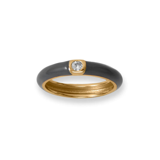 Grey Enamel and Cubic Zirconia Yellow Gold Ring - Sparks and Gem