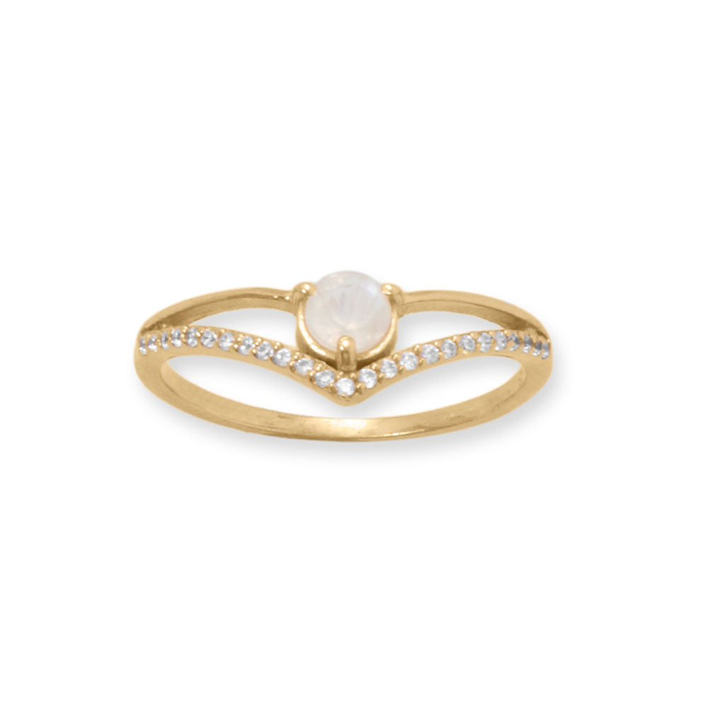 Rainbow Moonstone, Cubic Zirconia and 14 Karat Yellow Gold over Sterling Silver “V” Ring
 - Sparks and Gem