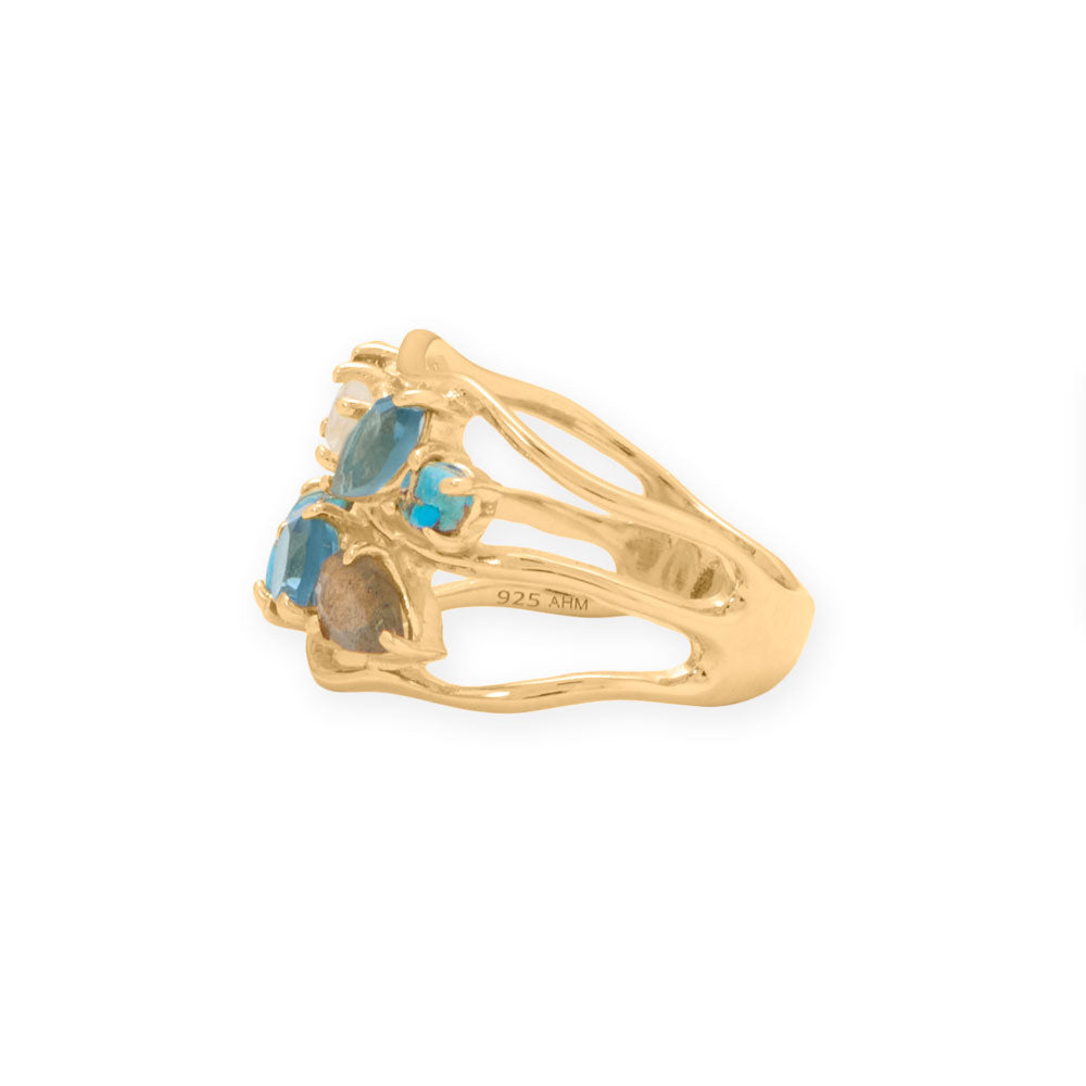 Blue Multi Stone Cluster Yellow Gold Ring - More rings, bracelets, necklaces, earrings, anklets, charms, chains and toe rings in a variety of shapes, sizes and styles like geometric, cocktail, statement, bands, spinner, spoon, layered, long, collar, choker, climber, cuff, bangle, stretch, single, double, triple a or multi strands, beaded, curb, wheat, rope, Figaro, cable chains and more at Sparks and Gem