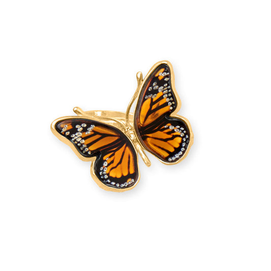 24 Karat Gold Plated Baltic Amber Monarch Butterfly Ring - More rings, bracelets, necklaces, earrings, anklets, charms, chains and toe rings in a variety of shapes, sizes and styles like geometric, cocktail, statement, bands, spinner, spoon, layered, long, collar, choker, climber, cuff, bangle, stretch, single, double, triple a or multi strands, beaded, curb, wheat, rope, Figaro, cable chains and more at Sparks and Gem