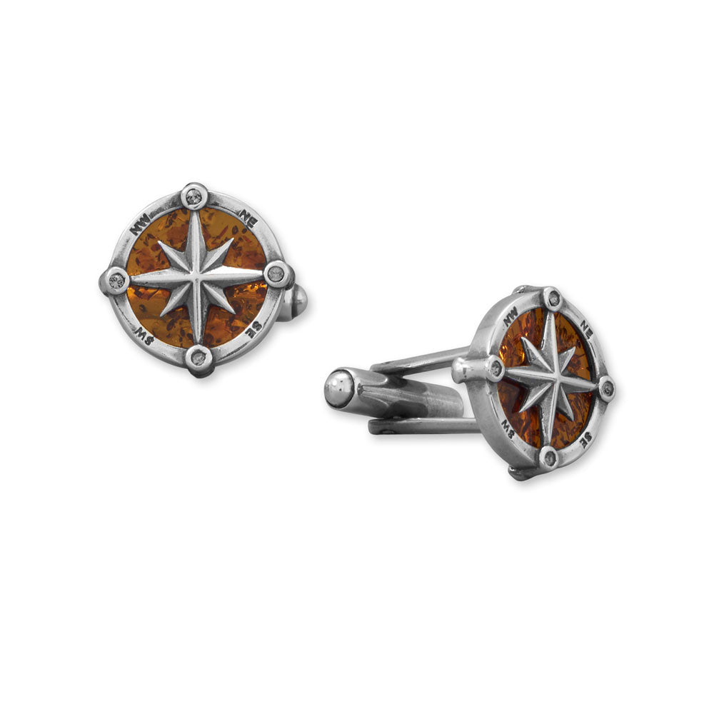 Oxidized Silver, Baltic Amber Compass Cuff Links - Sparks and Gem