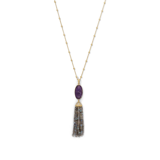 Adjustable Amethyst and Labradorite Gold Tassel Necklace from Sparks and Gem (A+ BBB Rating) #925SterlingSilver #14kYellowGoldNecklace #YellowGoldTasselNecklace #AmerhystTasselNecklace #GiftIdea