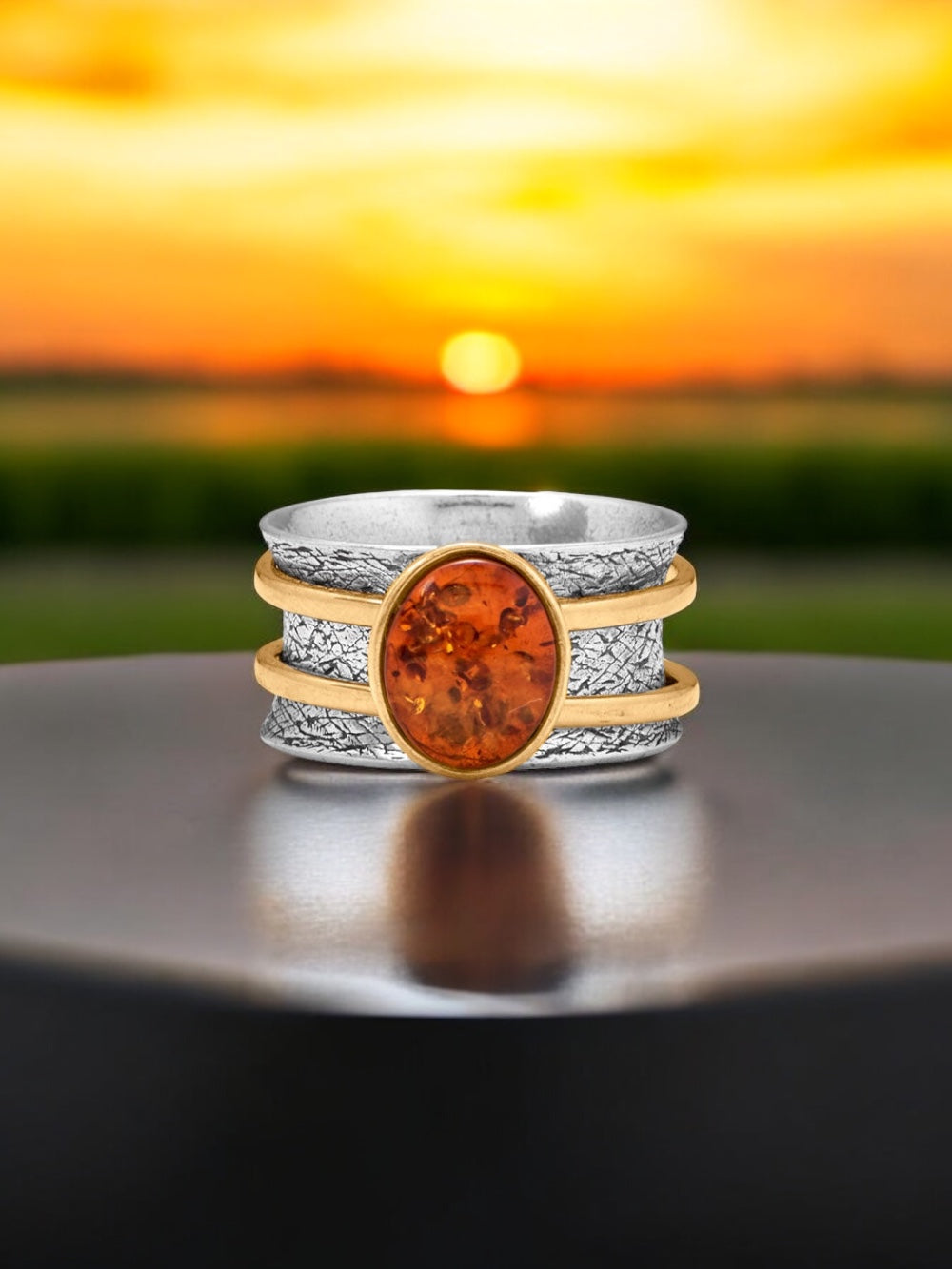 Two Tone Baltic Amber Spinner Sterling Silver Ring - Sparks and Gem