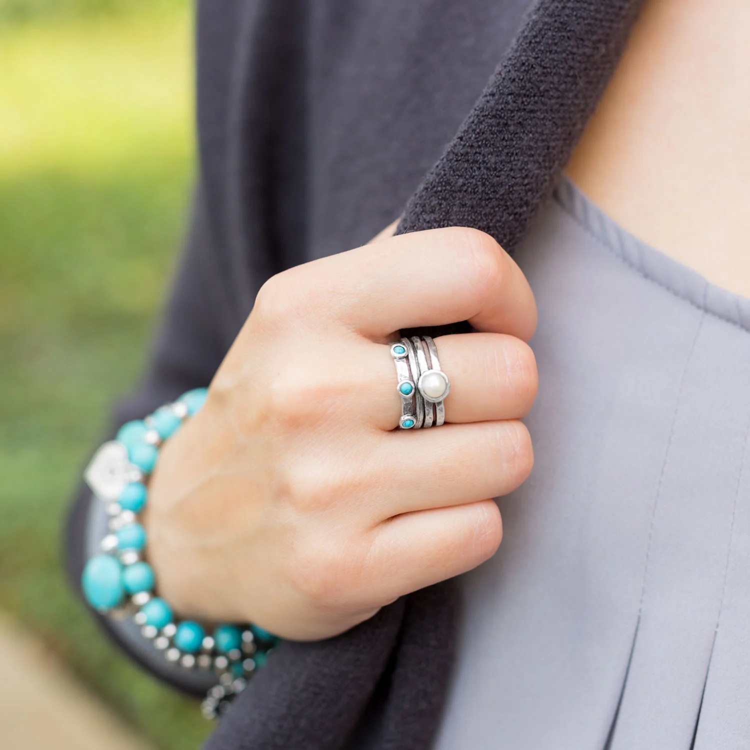 Oxidized Reconstituted Turquoise and Cultured Freshwater Pearl Sterling Silver Ring - Sparks and Gem