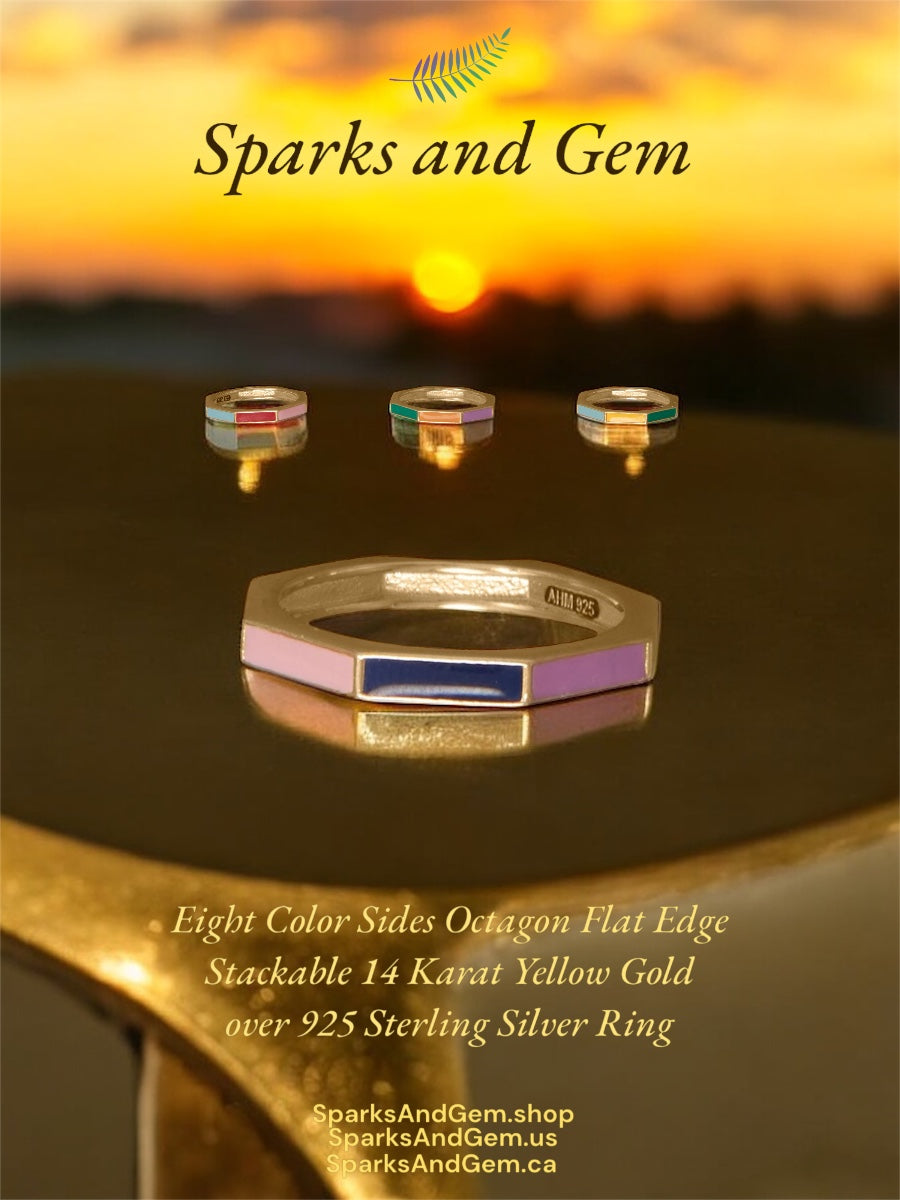 Eight Color Sides Octagon Flat Edge Stackable 14 Karat Yellow Gold over 925 Sterling Silver Ring