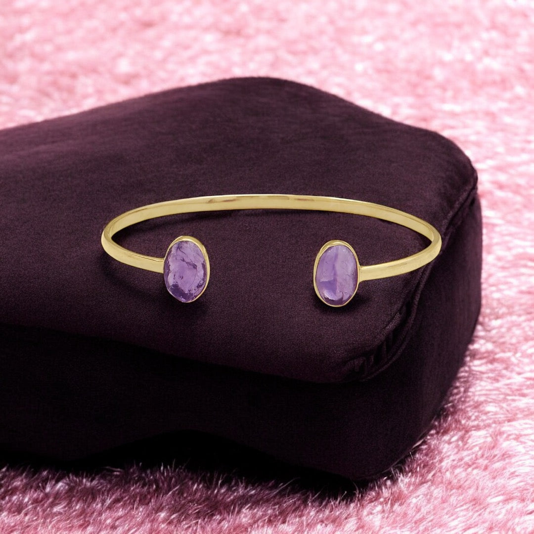 Rough Cut Amethyst Gold Cuff Bracelet from Sparks and Gem (A+ BBB Rating) #925SterlingSilver #14kYellowGoldBracelet #YellowGoldCuffBracelet #AmerhystCuffBracelet 