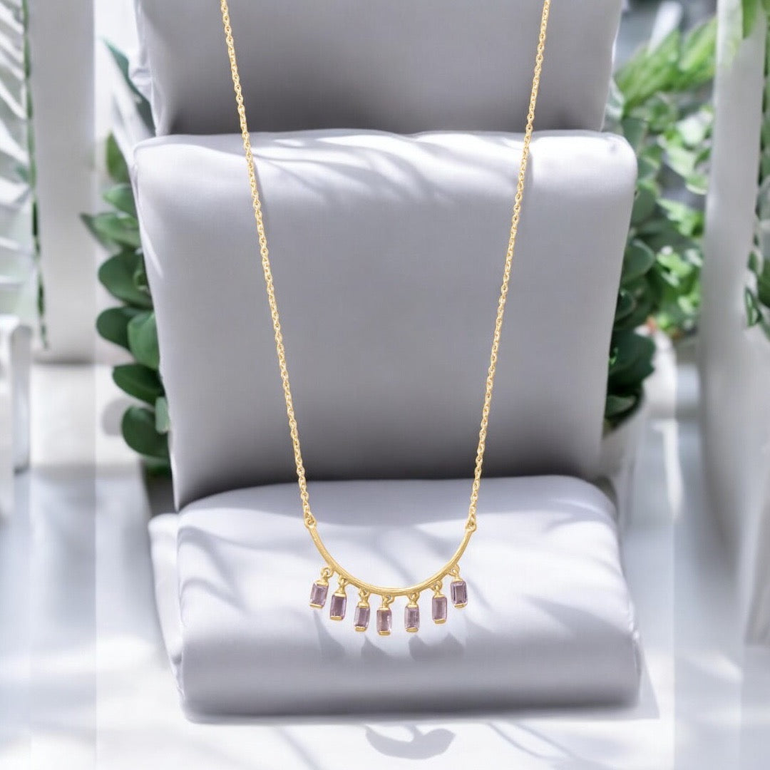 Adjustable Curved Bar Amethyst Gold Drop Necklace from Sparks and Gem (A+ BBB Rating) #925SterlingSilver #14KYellowGoldAmethystNecklace #AmethystBarNecklace #GemstoneBarNecklace #BirthstoneNecklace #FebruaryBirthstone #FebruaryBirthstoneNecklace