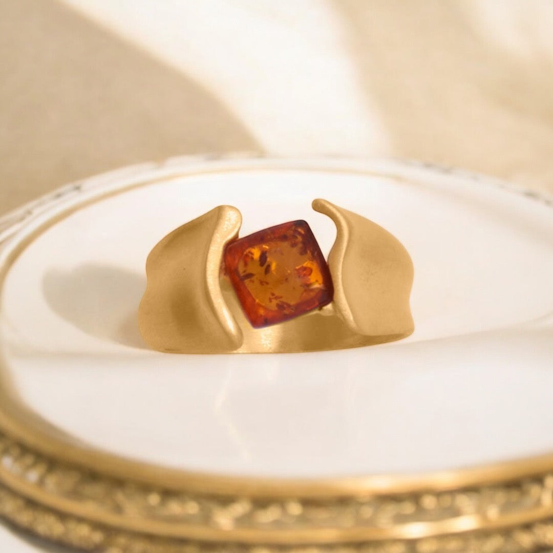 Square Baltic Amber Yellow Gold Geometric Ring - Sparks and Gem