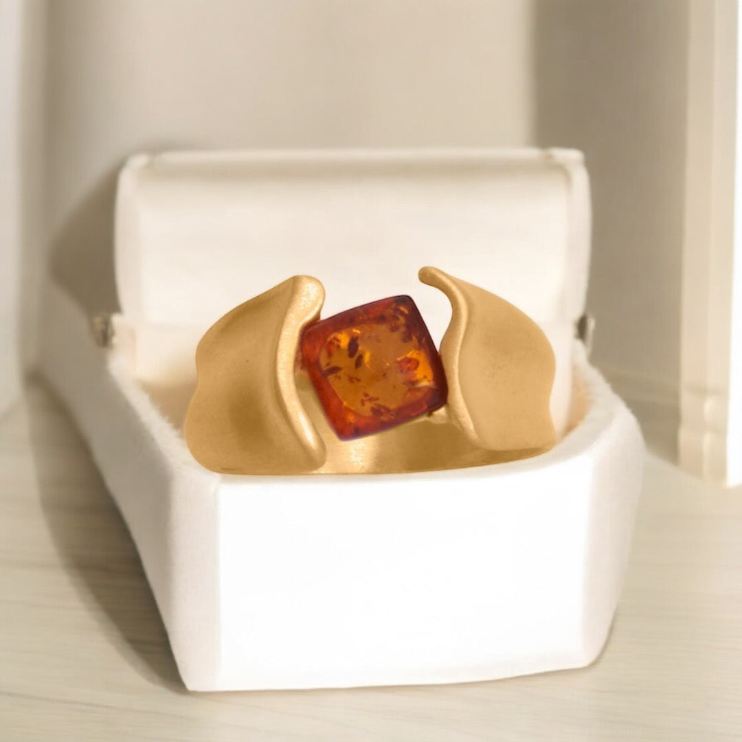 Square Baltic Amber Yellow Gold Geometric Ring - Sparks and Gem