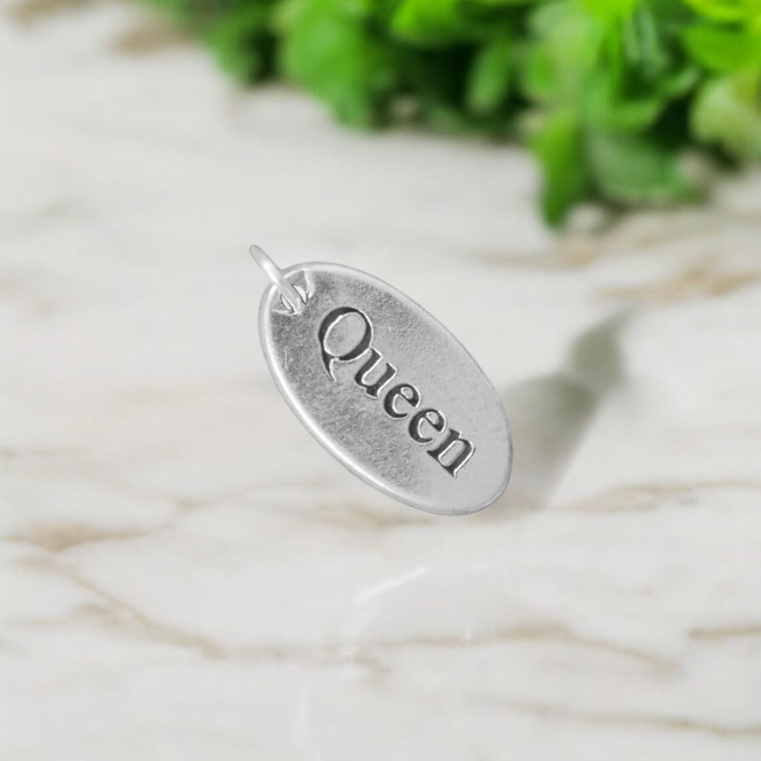 Oval "Queen" Tag Sterling Silver Charm - Sparks and Gem