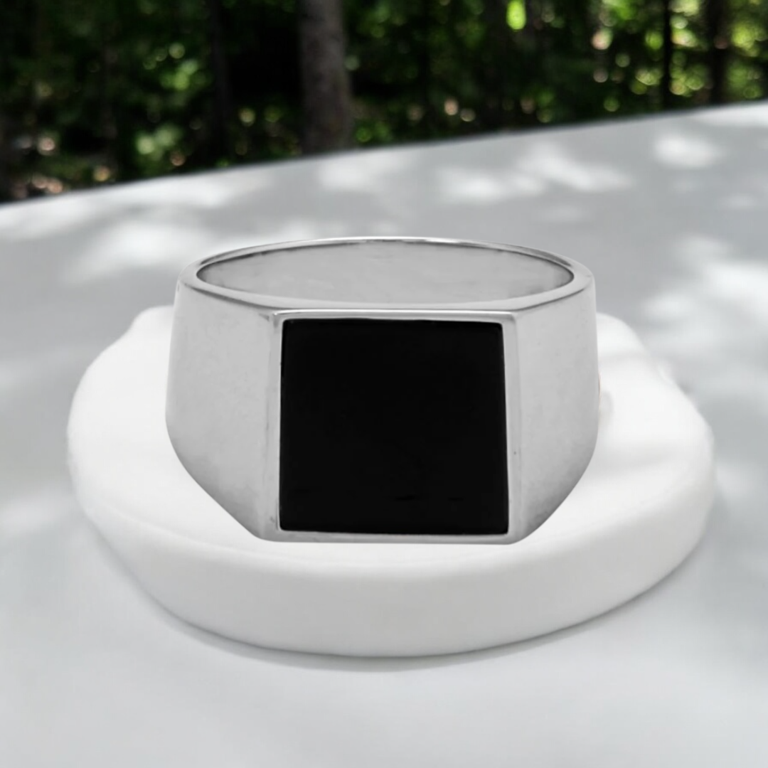 Black Onyx Square Signet Sterling Silver Ring - Sparks and Gem