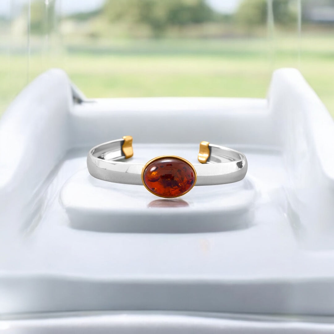 Baltic Amber Flex Cuff Two Tone Bracelet - Sparks and Gem