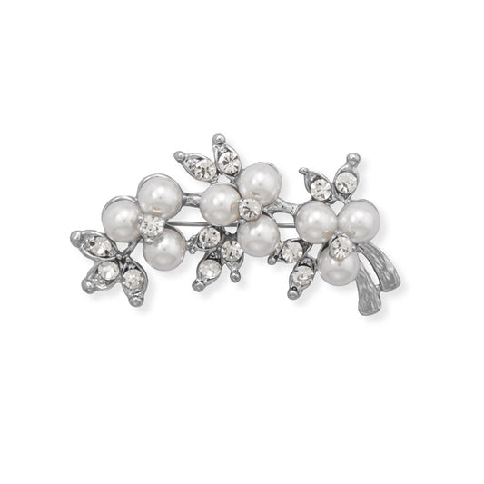 Simulated Pearl and Crystal Flower Branch Pin