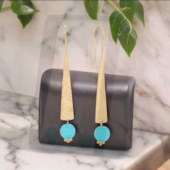 Long Hammered Aqua Chalcedony Earrings - Sparks and Gem