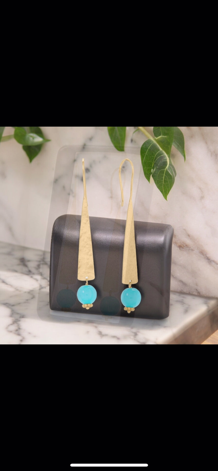 Long Hammered Aqua Chalcedony Earrings - Sparks and Gem