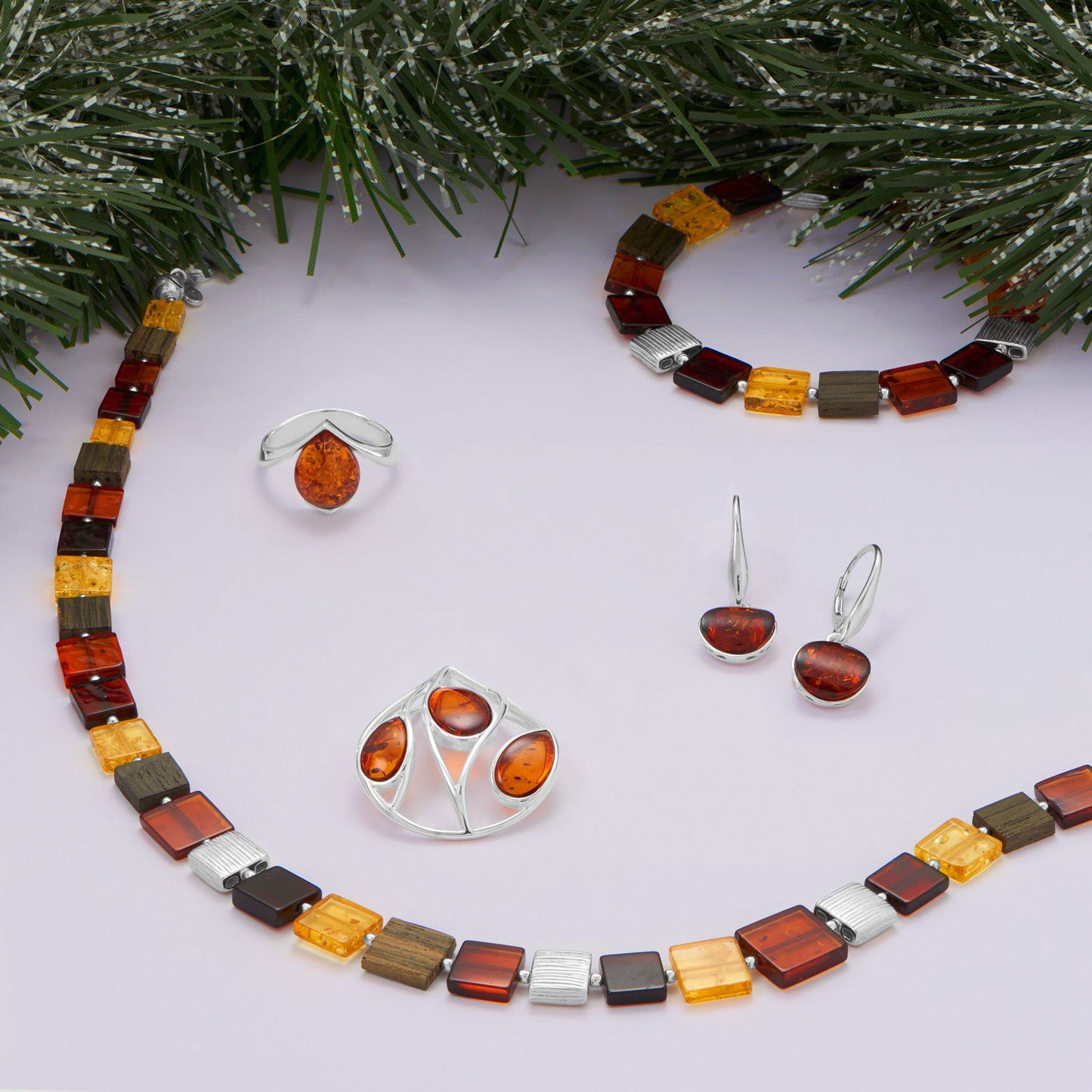 18" Textured Square Disk, Multi Color Amber and Black Oak Necklace